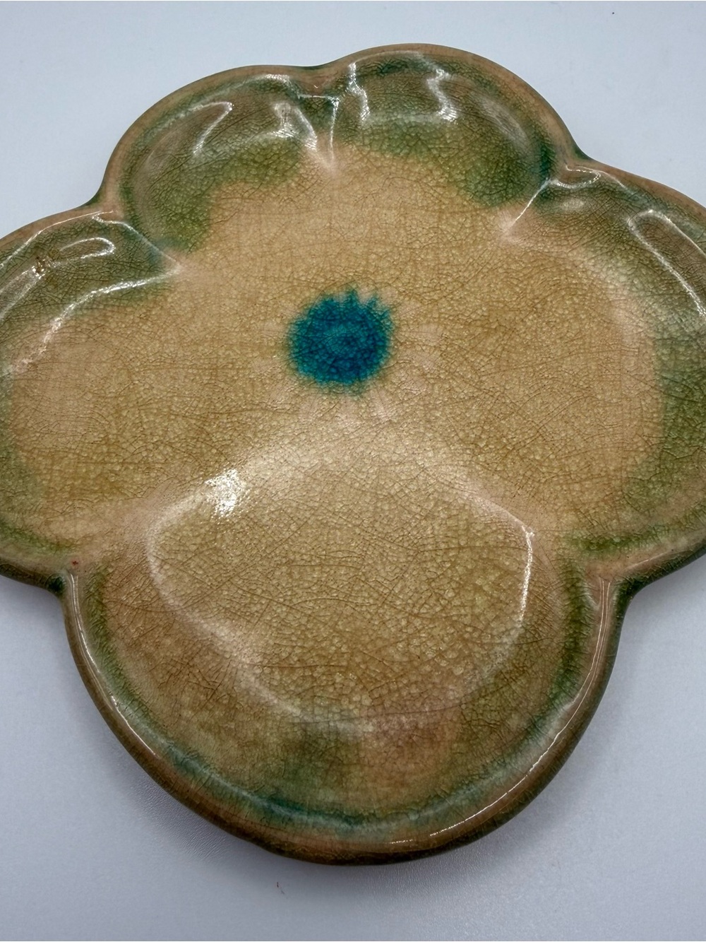 Vintage Studio Pottery Flower Dish Green Tan Crackle Glaze Trinket Tray 6”